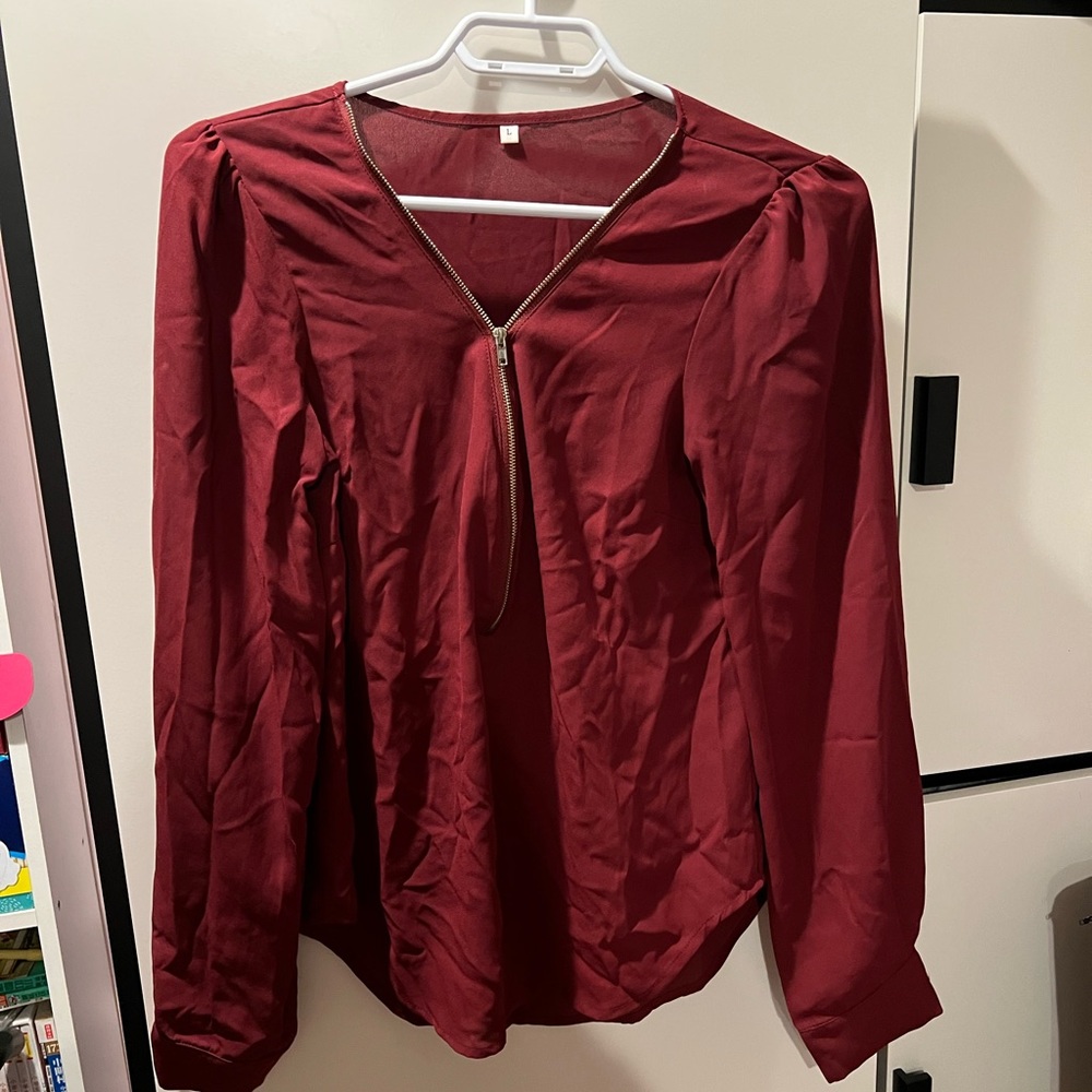 Chiffon long sleeve shirt with zipper neck